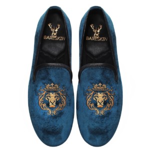 Bareskin-Golden-Lion-King-Embroidery-Blue-Velvet-Slip-On