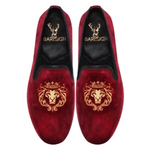 Bareskin-Mens-Handmade-Lion-King-Embroidery-Red-Velvet-Leather-Slip-On-Shoes