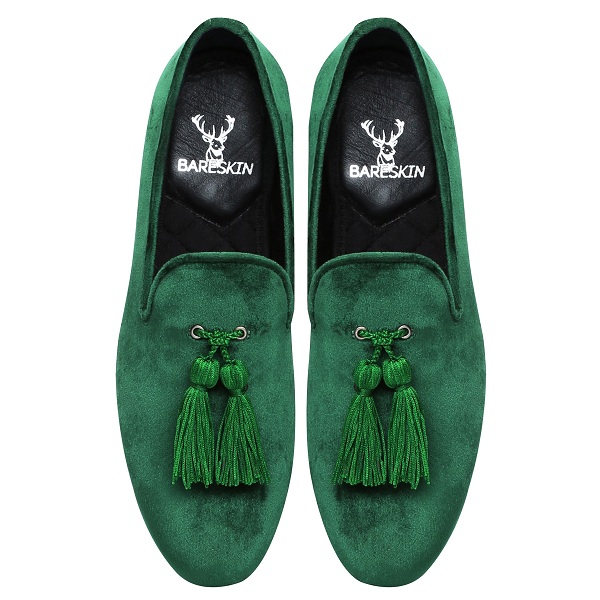 Green-Dual-Shade-Velvet-Slip-On-Shoes-With-Stylish-Tassel-By-Bareskin